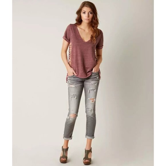 Gimmicks Exclusive Washed Mauve Raw Hem V-Neck Side Cutouts & Strappy Back Top - Picture 14 of 15